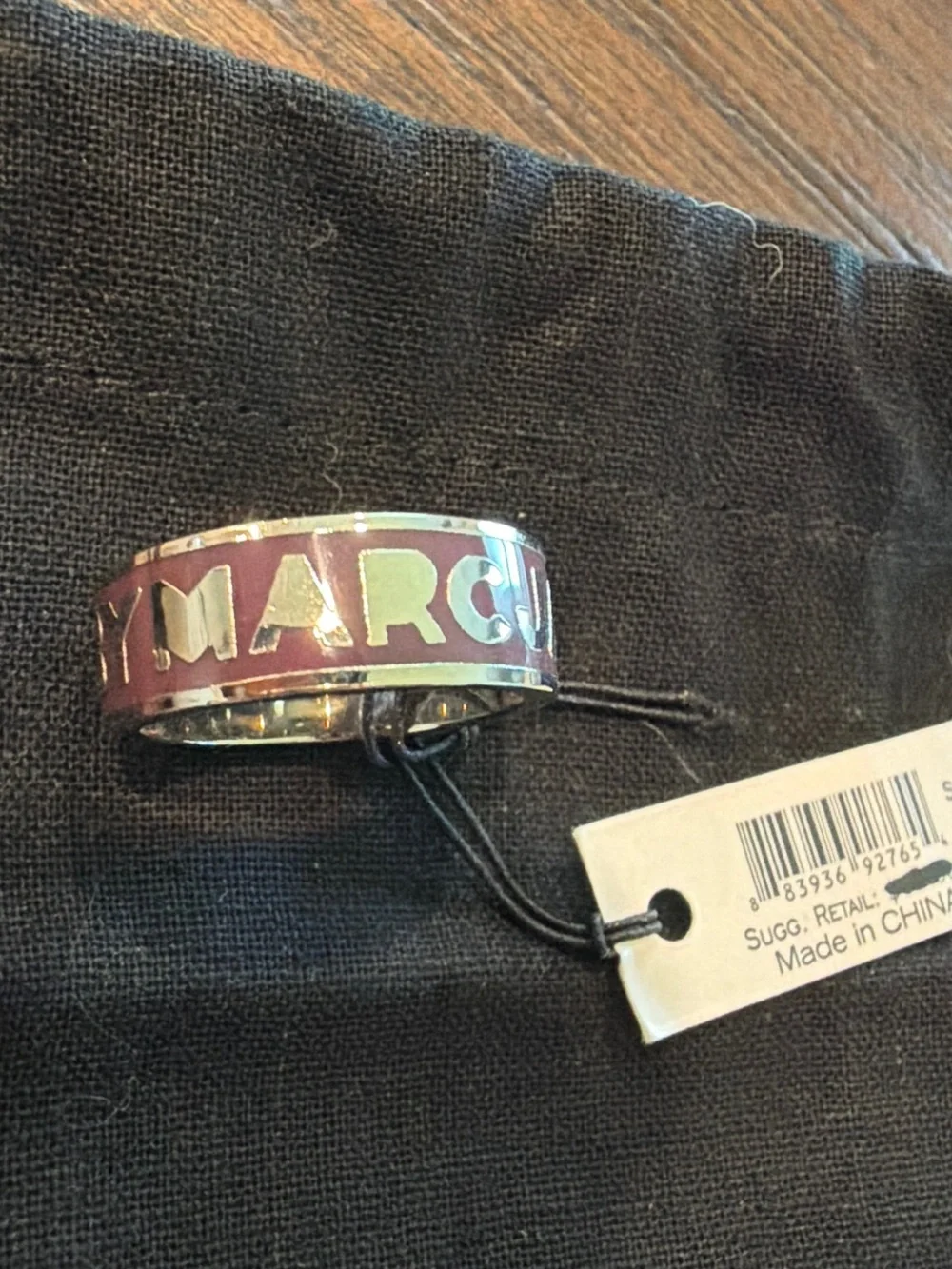 Marc by Marc Jacobs NWT Logo Band Ring, Silver-Tone & Dark Magenta Enamel Inlay